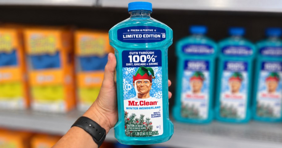 hand holding a bottle of cleaner in-store