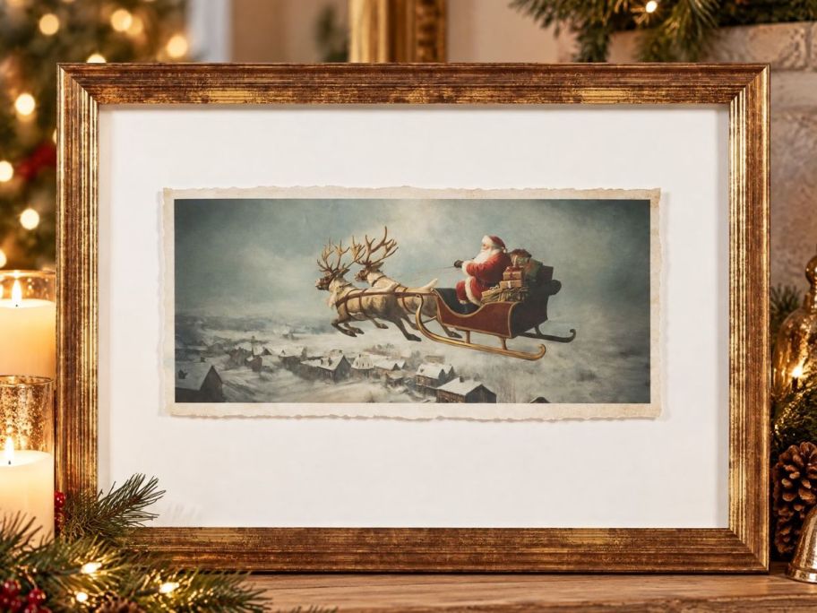 My Texas House 16x20" Santa's Sleigh Framed Christmas Wall Art on display