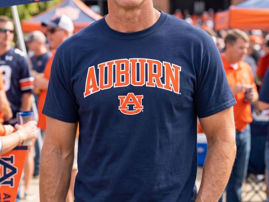 man wearing NCAA Auburn Tigers Men's Arch Over Logo Tee outside of stadium