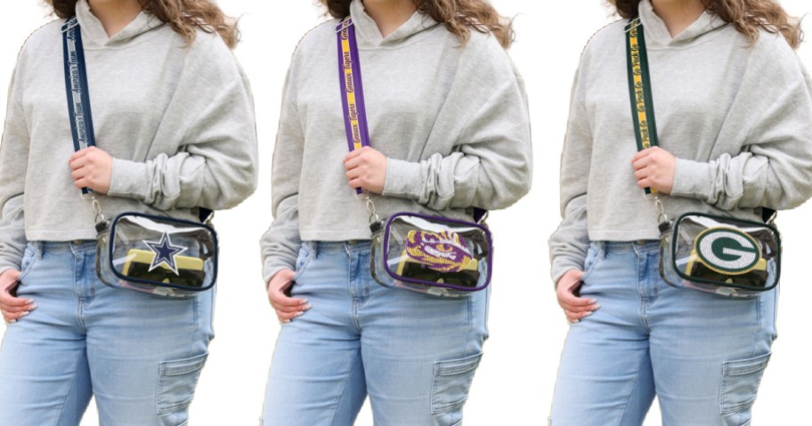women wearing clear NFL and NCAA bags