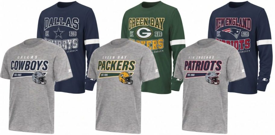 Stock images of 3 NFL Shirt Combos from HSN featuring the Dallas Cowboys, New England Patriots and Green Bay Packers
