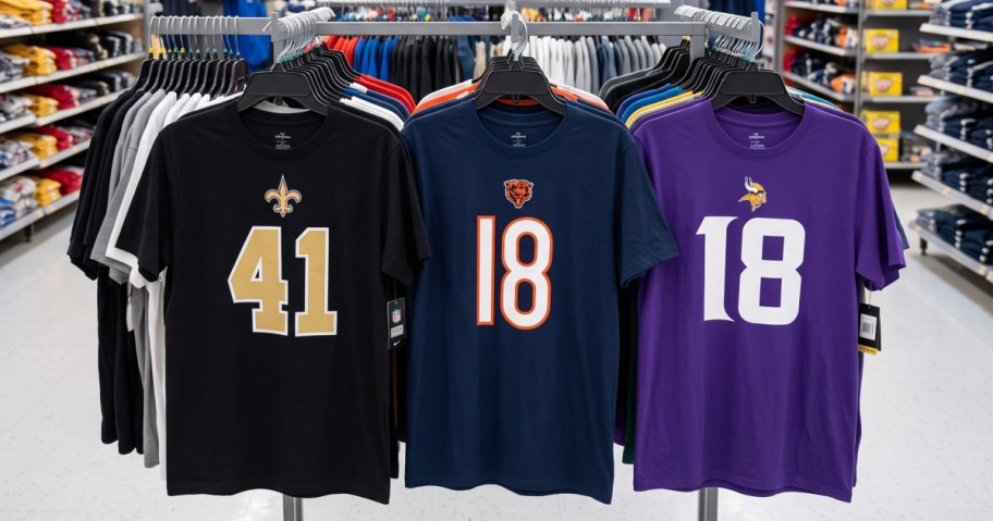 NFL men's tees hanging in store