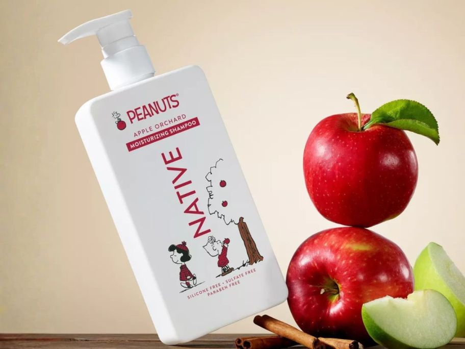 Native Peanuts Limited Edition Apple Orchard 16.5oz Moisturizing Shampoo on table