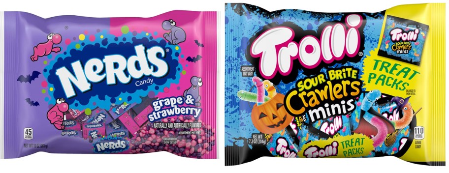 Nerds Halloween Grape and Strawberry Mini Boxes Candy and Trolli Halloween Sour Brite Crawlers Treat Packs