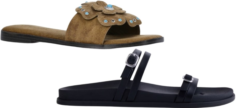 faux suede flower slide and black footbed sandal