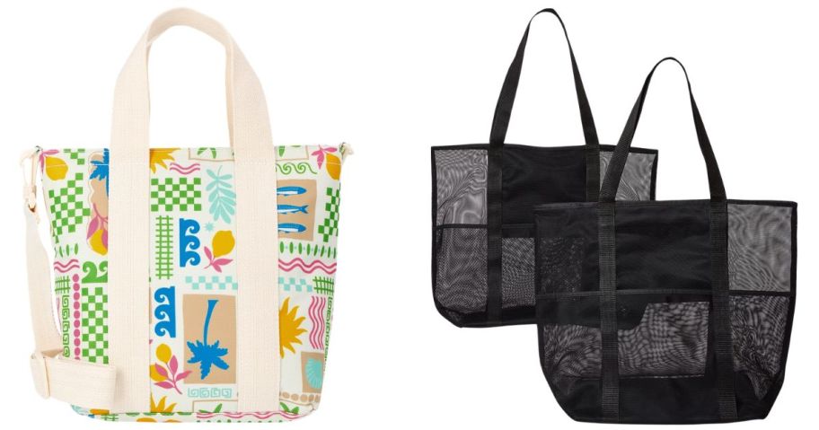 No Boundaries Women's Beach Insulated Mini Tote Bag and Time and Tru Women's Mesh Beach Tote Bag 2-Pack