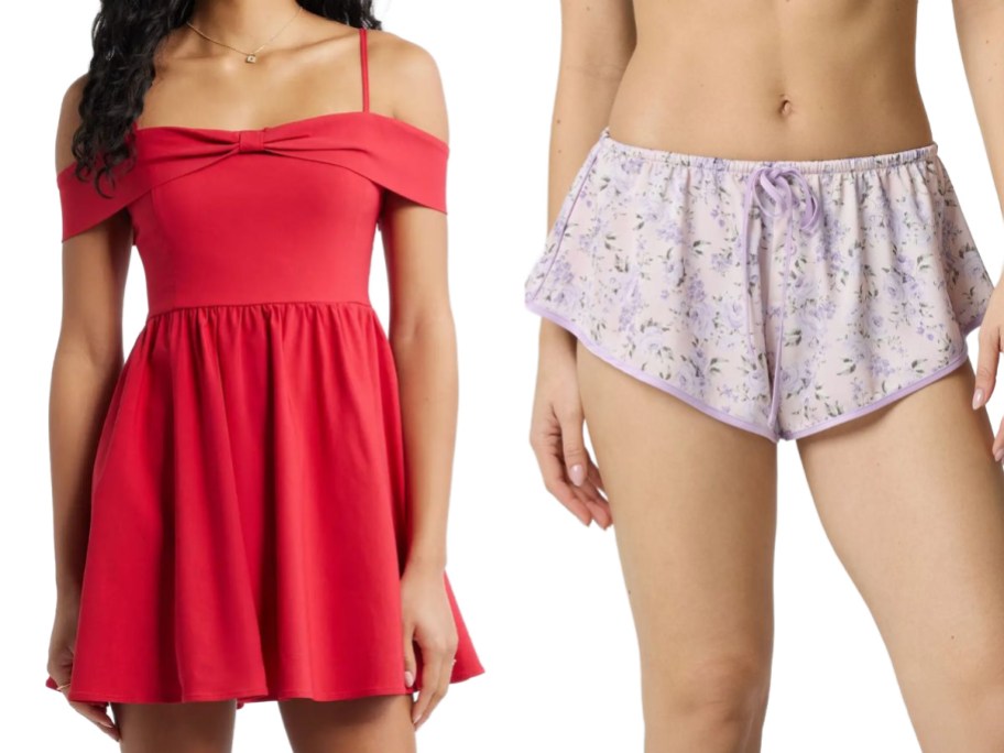 Stock images of a woman wearing a red dress and a woman wearing light purple print sleep shorts