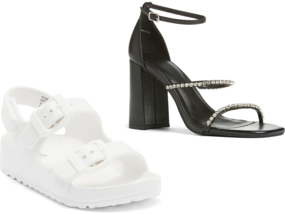 Stock images of a child's white sandal and a woman black dresss shoe with rhinestones