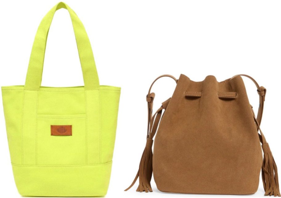 Stock images of a neon yellow tote bag and a brown suede BCBG bucket bag