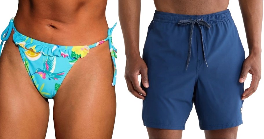 Stock images of a woman wearing a bikini bottom and a man wearing blue swim trunks