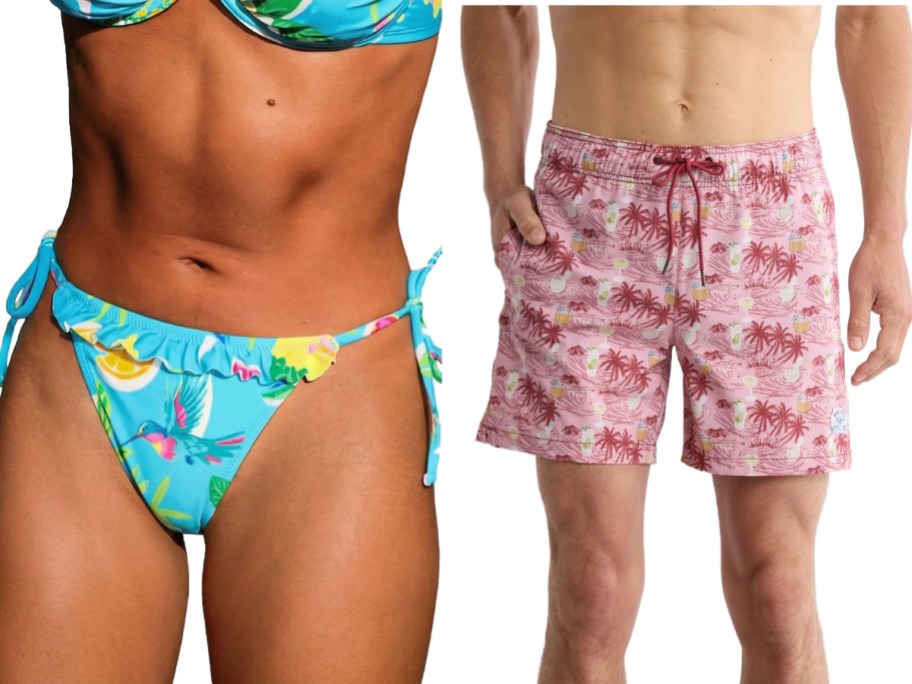 Stock images of a woman and a man wearing swimsuits