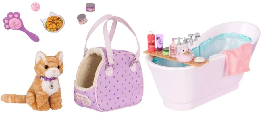 Our Generation Hop in Cat Carrier & Pet Plush Kitten Accessory Set and Bubbly Bathtime Bathtub w Water Sounds