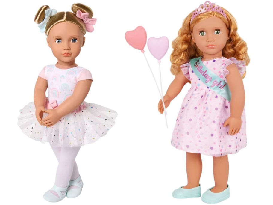 Our Generation Kassia 18 Ballerina Doll in Rainbow Ballet Dress and Esme 18 Doll w Pink Birthday Party Dress