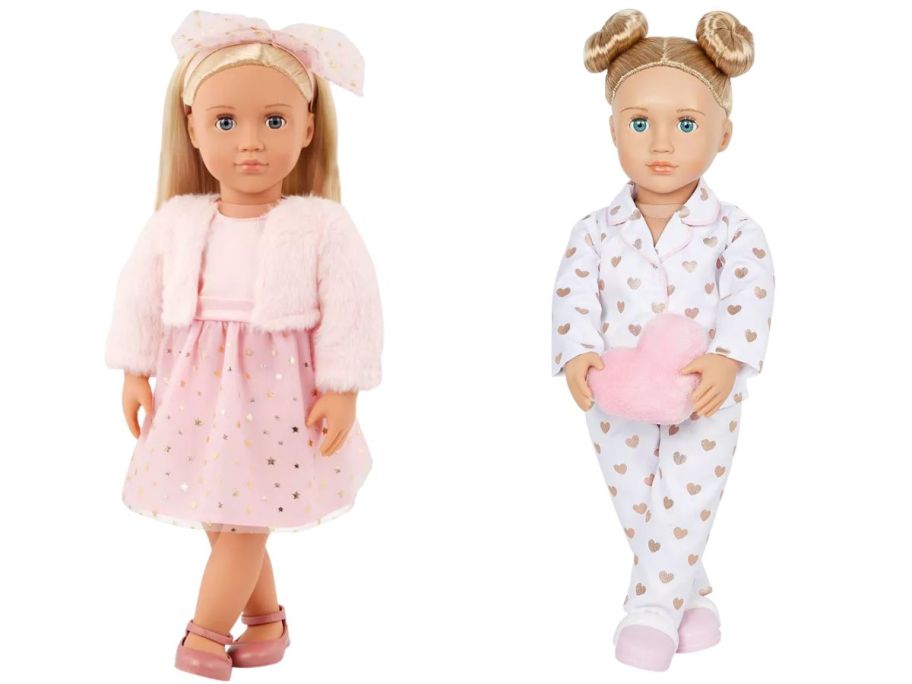 Our Generation Miranda 18 Fashion Doll in Pink Dress and Serenity w Heart Polka Dot Pajama Outfit