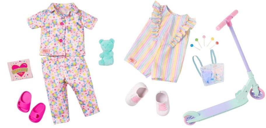 Our Generation Snuggly Bears Surprise Pajama Outfit and Ride the Rainbow Romper Outfit & Scooter