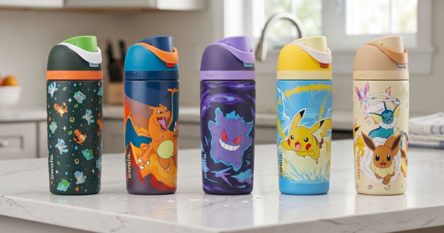 Owala Pok&eacute;mon 16oz Special Edition FreeSip Water Bottles on kitchen counter