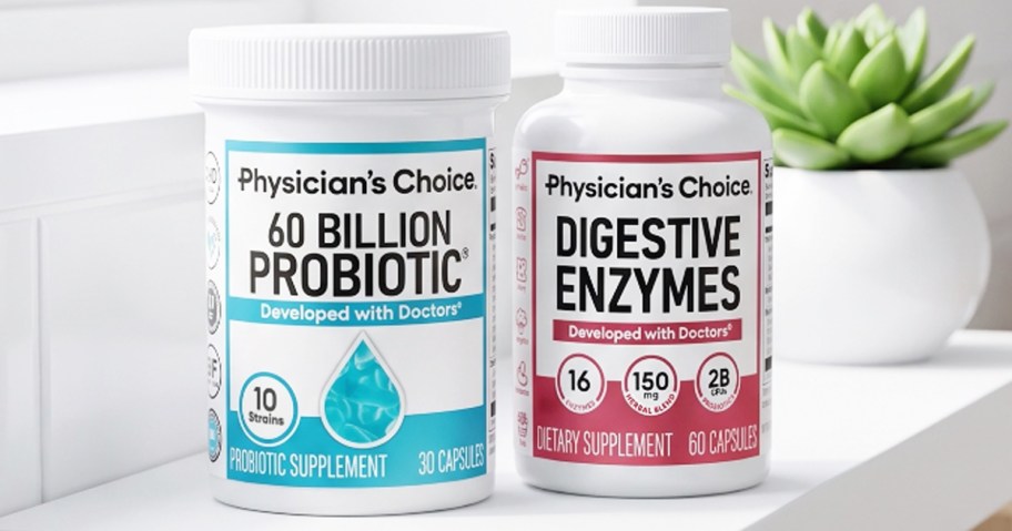 bottles of Physician's Choice Probiotics & Digestive Enzymes on a table