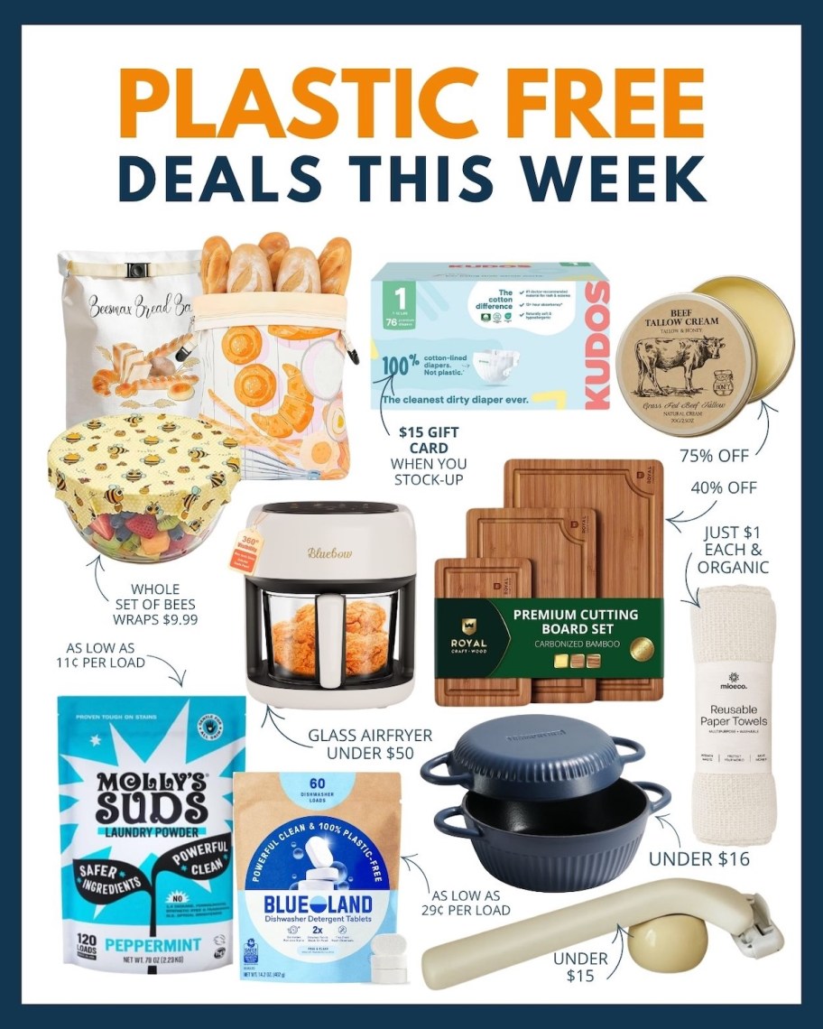 collage of this week's plastic free deals