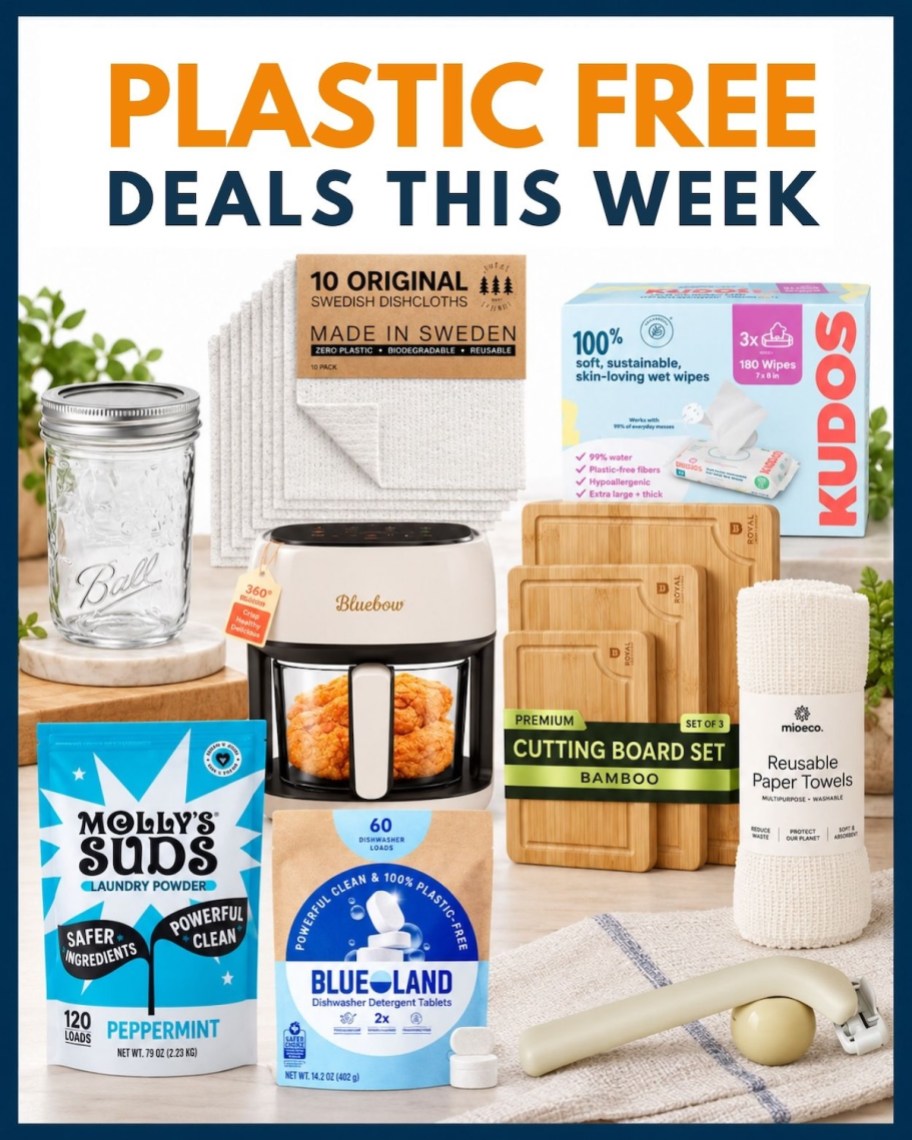 plastic free deals graphic with various plastic free products
