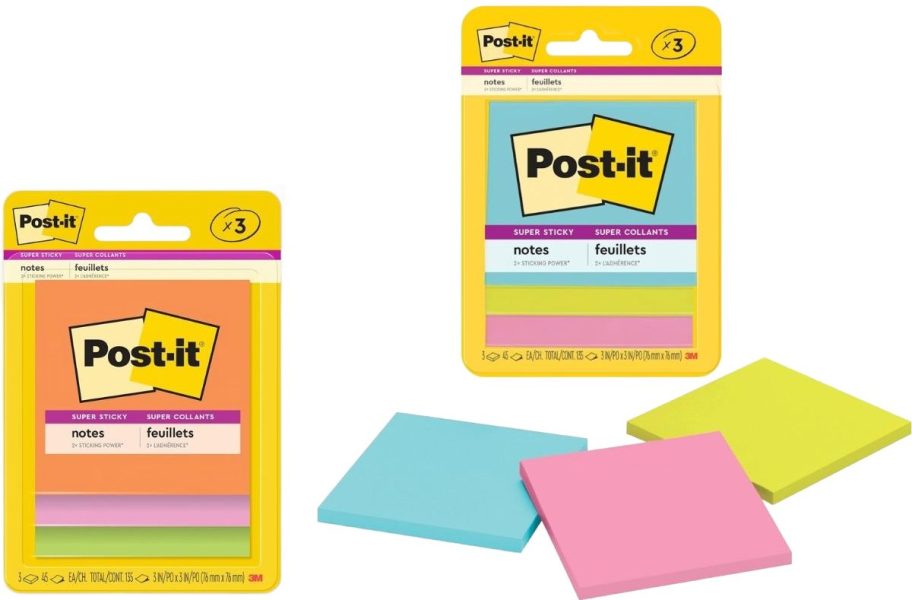 Stock images of two Post It Super Sticky Notes 3-packs