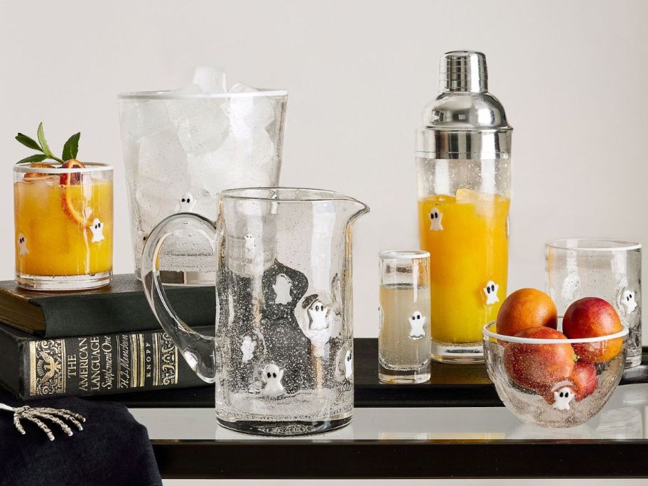 Pottery Barn Ghost Icon Barware set on a bar cart