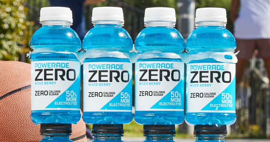 8-pack of blue Powerade bottles with a basketball behind them