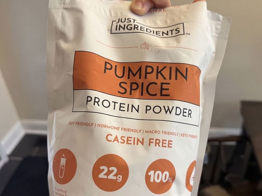 hand holding a Pumpkin spice protein bag