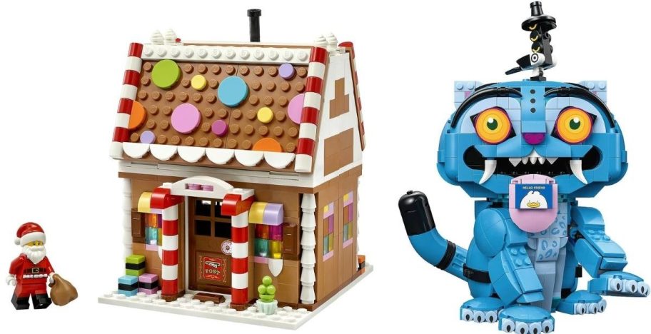 Stock images of LEGO Gingerbread House and KPop Demon Hunter Derpy Tiger and Sussie Bird