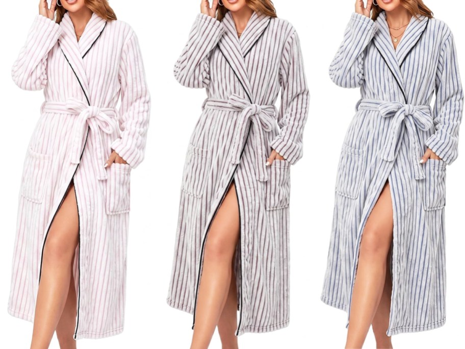 three women in striped bathrobes