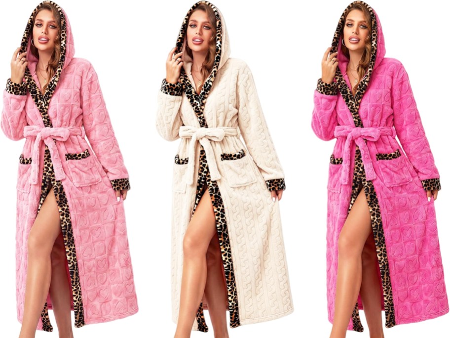 three women in pink and white bathrobes