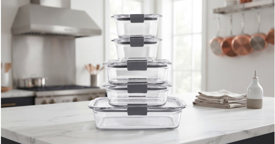 A stack of Rubbermaid Brilliance glass food storage containers with grey lids on a kitchen counter.