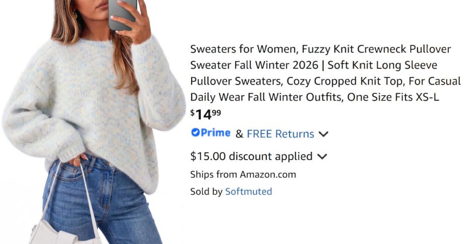 woman wearing white sweater next to Amazon pricing information