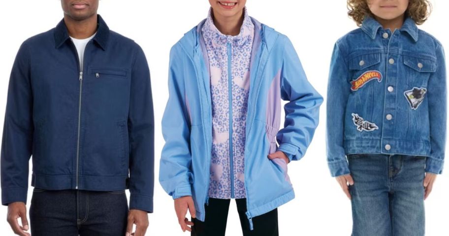 A man, a girl and a toddler wearing jackets from sam's Club