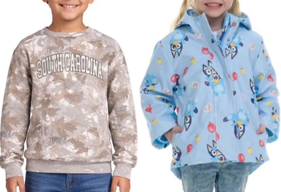 Boy wearing a State of Mind Sweatshirt and irl wearing a Bluey Rain Jacket