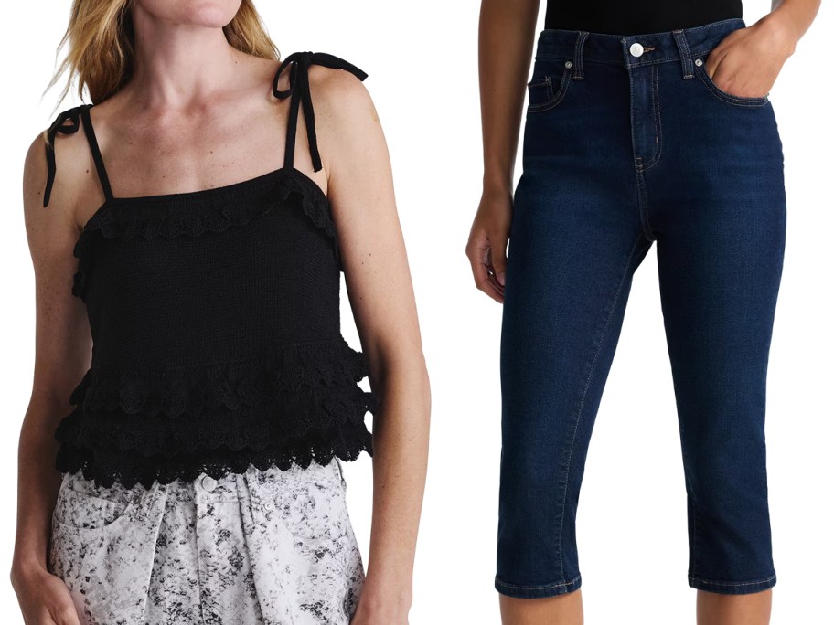 Scoop Women's Tie Ruffle Sweater Knit Tank Top and Scoop Women's Skinny Cropped Jeans