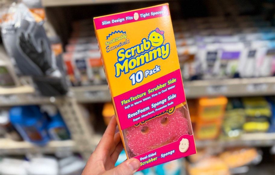 hand holding up a 10-count box of Scrub Mommy Essentials sponges in store