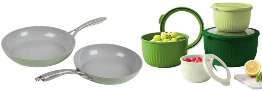 Sedona Kitchen Forged Aluminum 2-Piece Fry Pan Set and Art & Cook 8-Piece Round Nesting Bowl Set with Lids