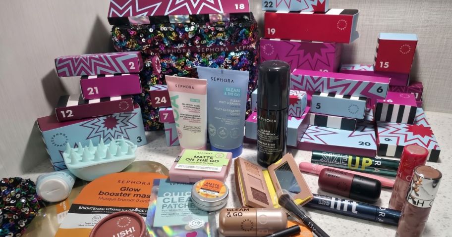 contents of Sephora Collection Premium Advent Calendar 24 Days of Beauty Surprises on table