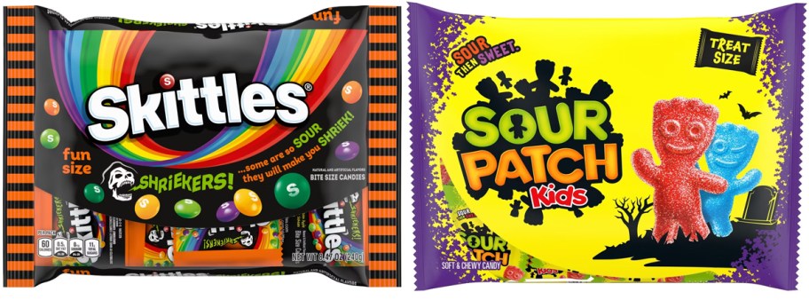 Skittles Shriekers Sour Halloween Candy Fun Size 8.47oz and SOUR PATCH KIDS Soft & Chewy Gummy Halloween Candy 9.7oz Bag