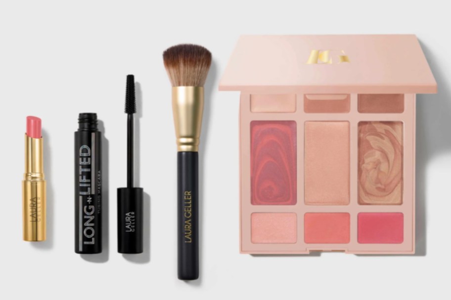 lip stick mascara, face brush and face pallet