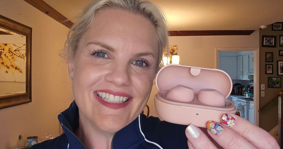 stefanie holding pink Sony WF-C710N Truly Wireless Noise Canceling Earbuds