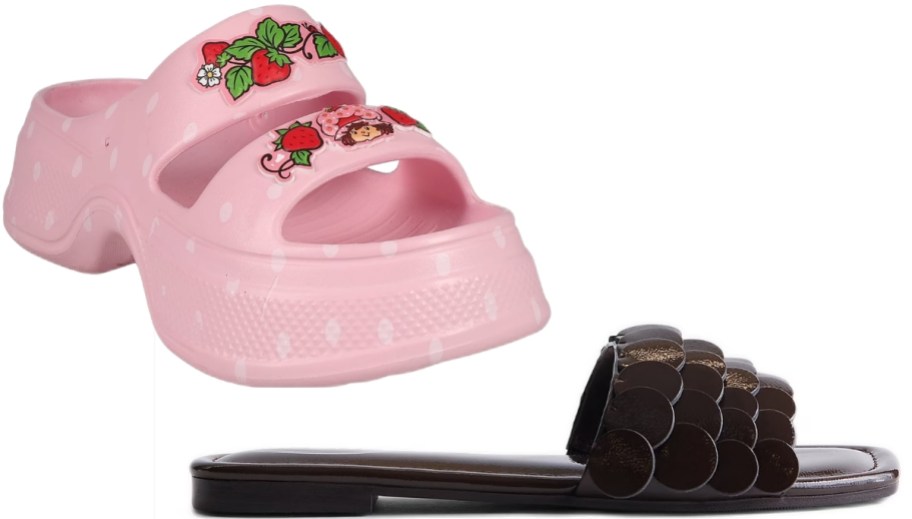 pink platform strawberry shortcake sandals and brown paillette slide sandal