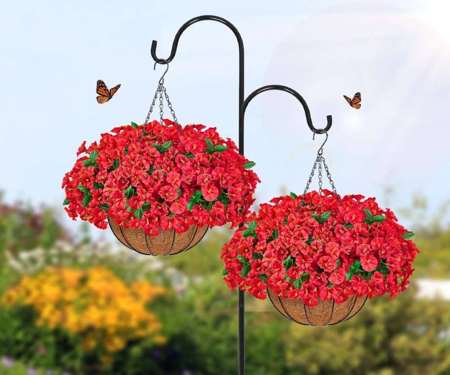 red artificial flower hanging baskets