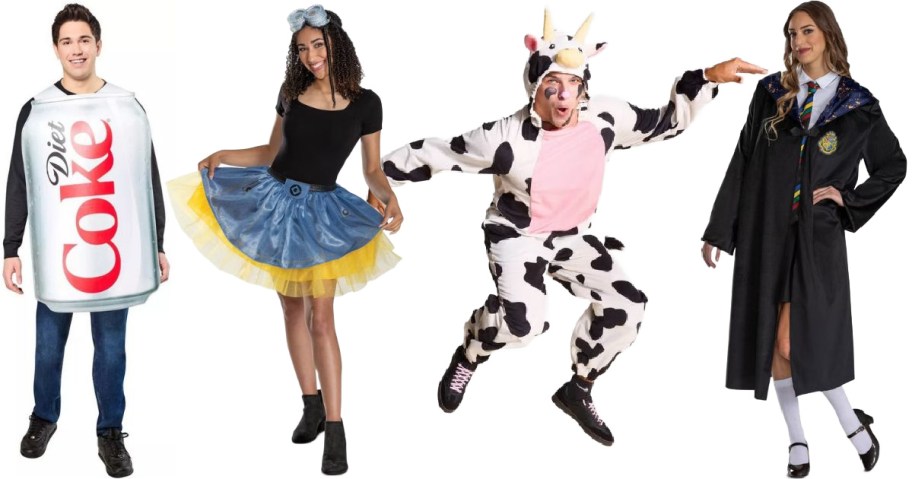 Stock images of 4 adults wearing Hallowen Costumes of a Diet Coke, Minion, Cow and Hogwarts Student