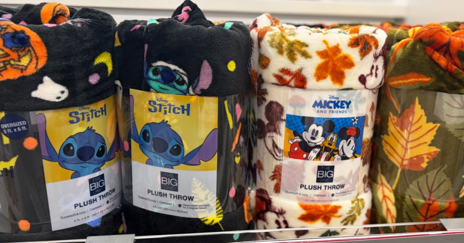 halloween stitch and mickey mouse print blankets on store shelf