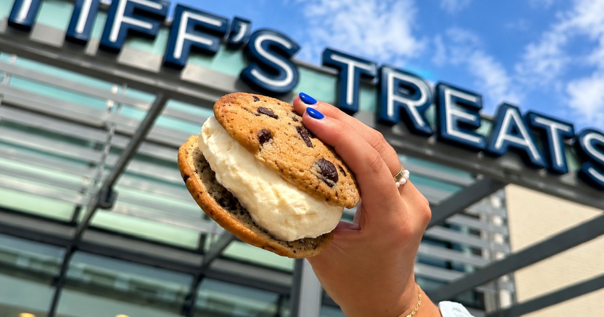 Hand holding up chocolate chip cookie ice cream sandwich in front of tiffs treats sign