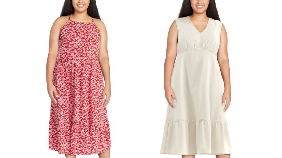 Time and Tru dresses in red pattern and beige