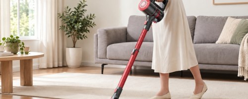 woman using a cordless vacuum on a bare wood floor