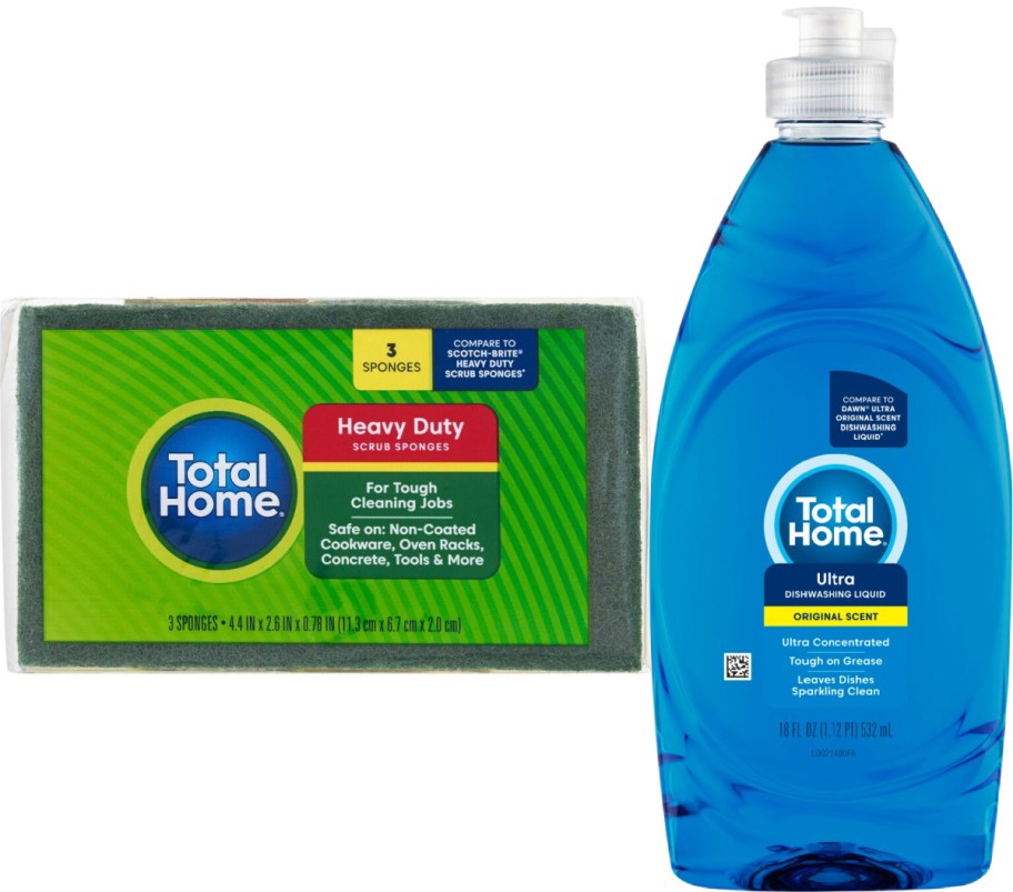 liquid dish soap with sponge in packaging