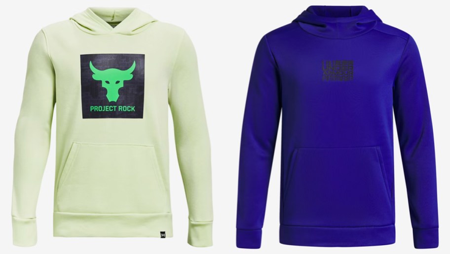 light green and dark blue under armour hoodies